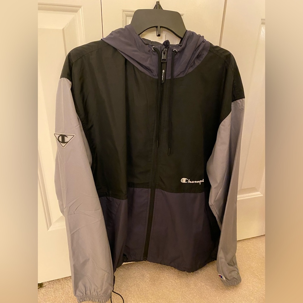 Mens Champion Windbreaker Jacket Black & Gray Size Medium(New Without Tags)